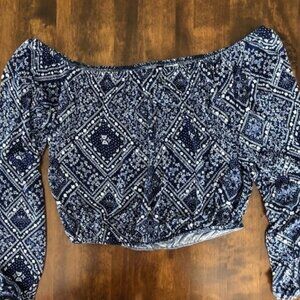 H&M Off Shoulder Long Sleeve Crop Blue Top Size S